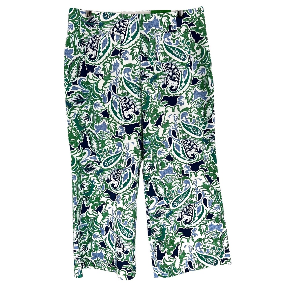 Investments Wide Leg Crop Pants Womens 12 Green Paisley Preppy Coastal Workwear